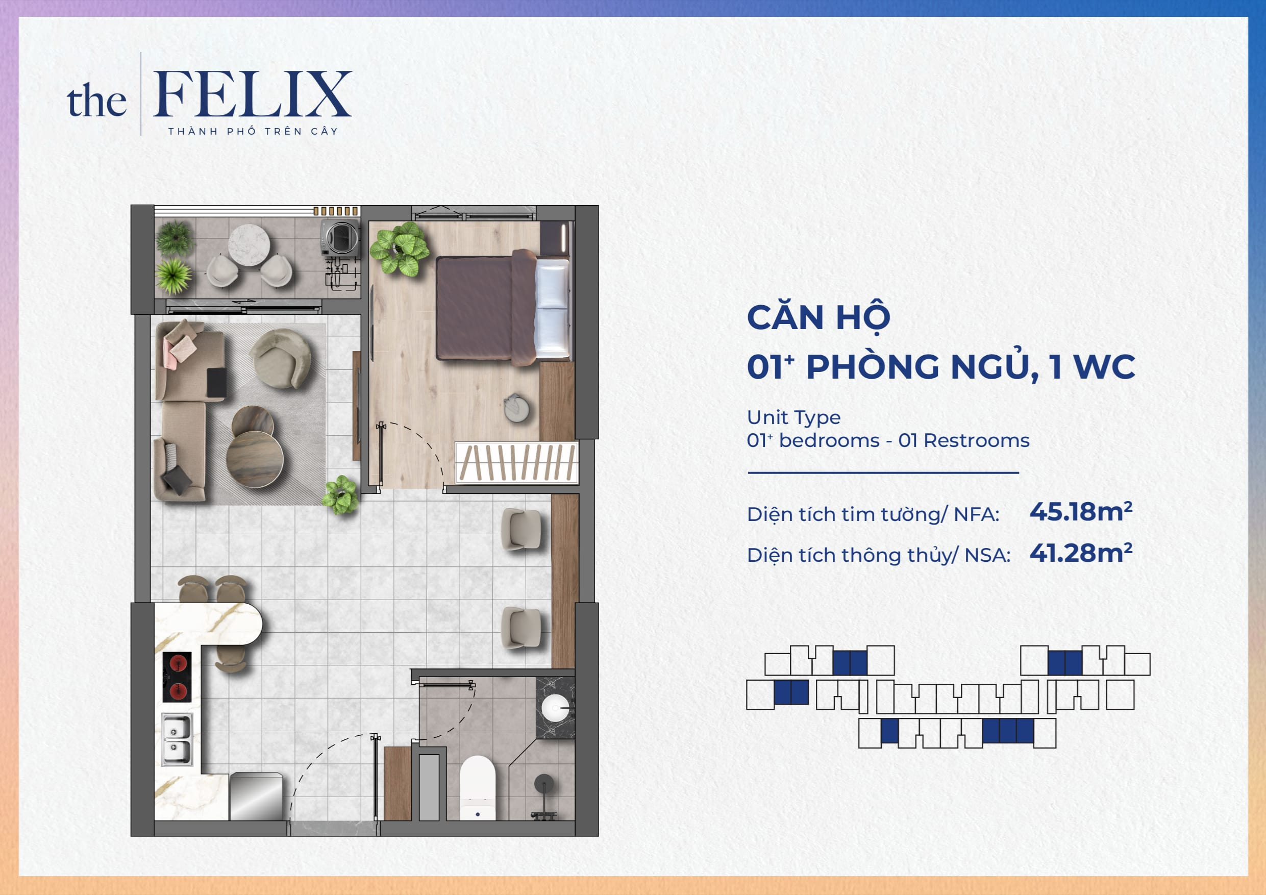 Mặt Bằng Căn Hộ The Felix C Holdings Loại 1pn+1wc - 45.18m