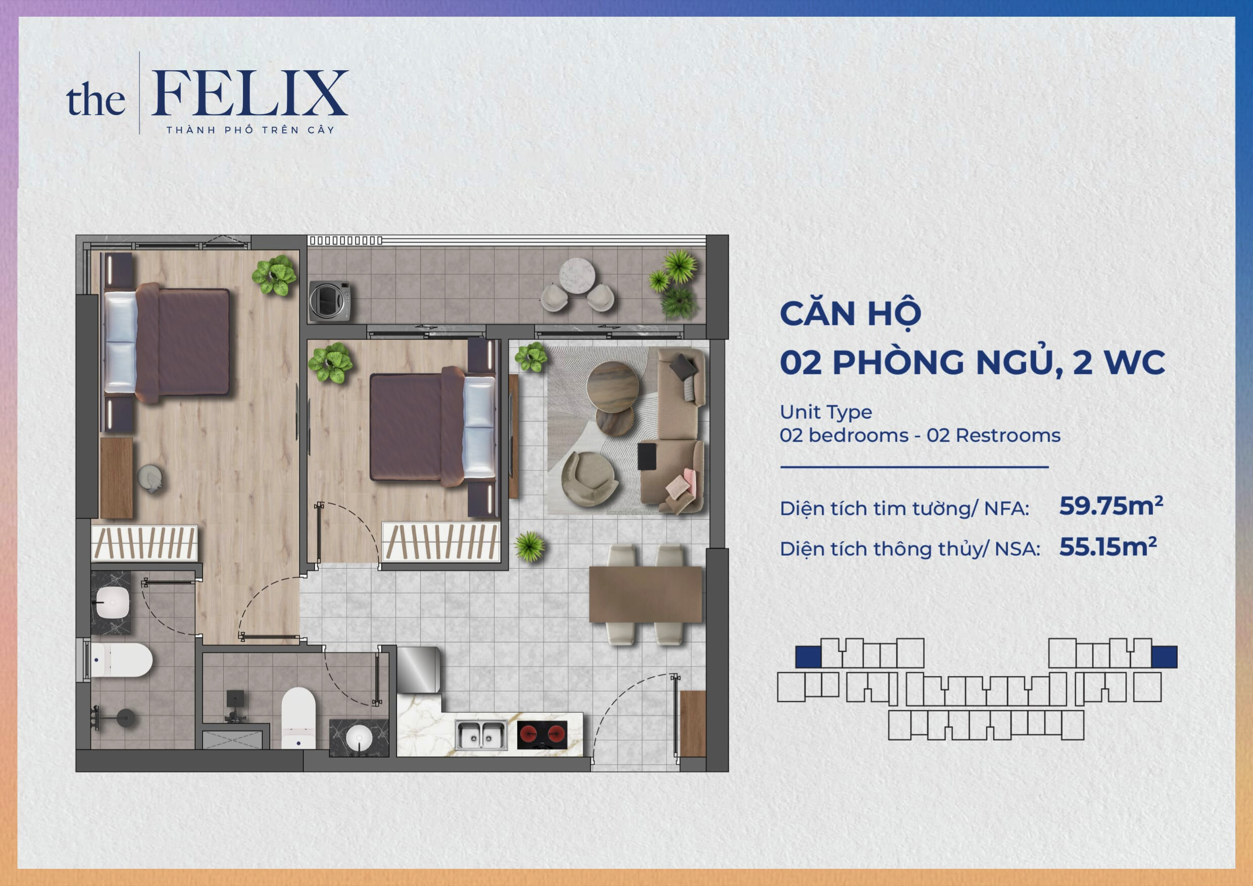 Mặt Bằng Căn Hộ The Felix C Holdings Loại 2pn2wc - 59.75m