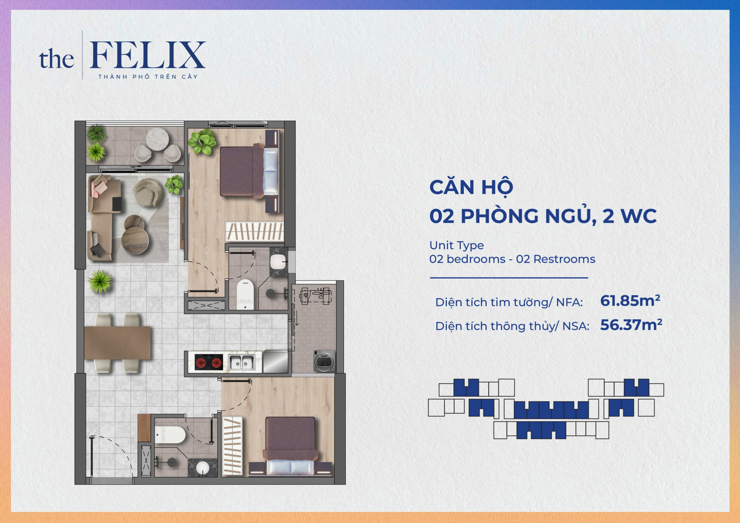 Mặt Bằng Căn Hộ The Felix C Holdings Loại 2pn2wc - 61.85m