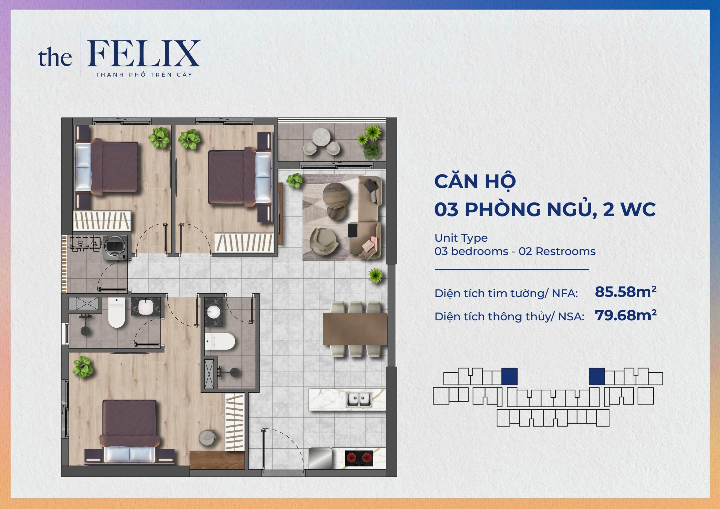 Mặt Bằng Căn Hộ The Felix C Holdings Loại 3pn2wc - 85.58m