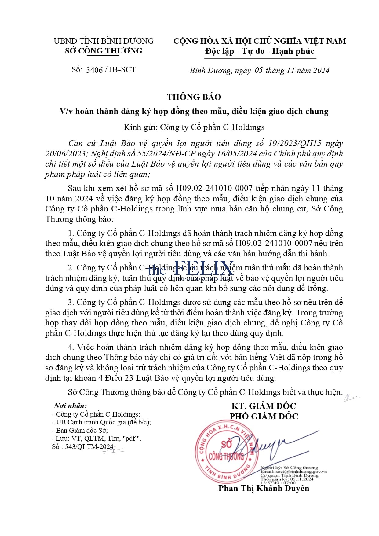 Thông Báo Hoàn Thành đăng Ký Hợp đồng Mua Bán The Felix